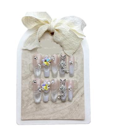 Handmade wearing nail patches long trapezoidal fantasy purple cat eyes French diamond fake nail patches manicure 10PCS (Size : L) 1 count (Pack of 1)