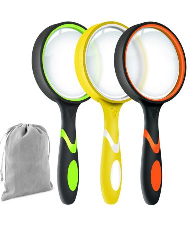 Leffis 3 Pack Magnifying Glass, 10X Non-Slip Handheld Reading Magnifier for Kids and Seniors, 75mm Magnifying Glass Lens for Reading, Classroom Science, and Nature Exploration (Felt Bag Included) 3 Pack(green/Yellow/Orange)