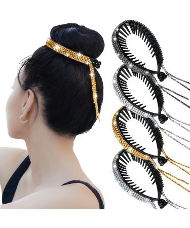 BINQER 4 PCS Tassel Ponytail Hair Clips for Women Rhinestone Ponytail Holder Glitter Bun Clip Rhinestone Hair Holder for Birds Nest Rhinestone Barrettes Hair Bun Accessories For Bride Wedding Party