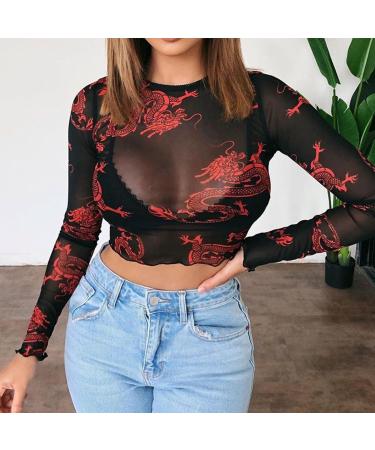 Women's Fashion T-Shirt - Sexy Mesh See-Through Long Sleeve Top with Dragon Print | Autumn Style Pullover | International Shipping Available - Buy Online on GoSupps.com