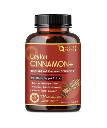 NATURE TARGET Ceylon Cinnamon Capsules - Cinnamon Supplements Plus Chromium Bitter Melon Vegetarian 120 Capsules 120 Count (Pack of 1)