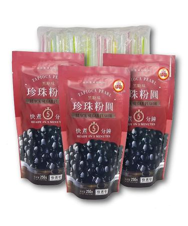 WuFuYuan 3 Packs of Boba Black Tapioca Pearl Bubble Tea Ingredient With Additonal 1 Pack of 50 Boba Straws Variety Color 1 Pack Ginger Honey Crystals