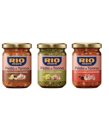 Rio Mare Pesto al Tonno Pesto de thon avec amandes et pecorino avec pistaches et citron avec olives noires et piment (3 x 130 g)