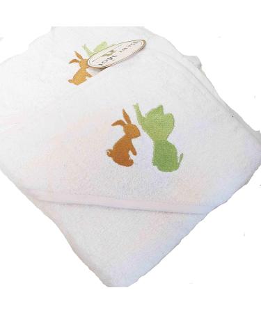 Soft White Baby Hooded Bath Towel with Elephant & Rabbit Embroidery | 100% Cotton | Perfect Baby Shower Gift | 75cm x 75cm - Buy Online on GoSupps.com