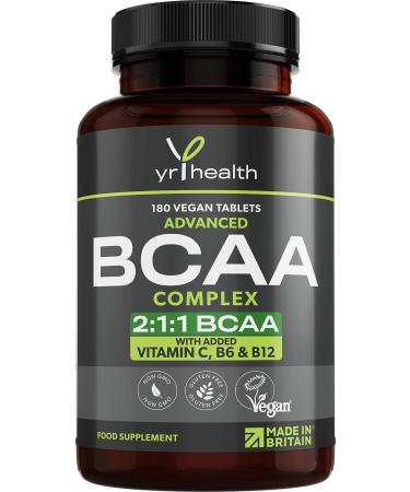 Vegan BCAA Tablets 1500mg - 2:1:1 BCAAs Branch Chain Amino Acids L-Leucine L-Isoleucine L-Valine with Vitamin B6 C & B12-180 Tablets not Capsules - Made in The UK by YrHealth