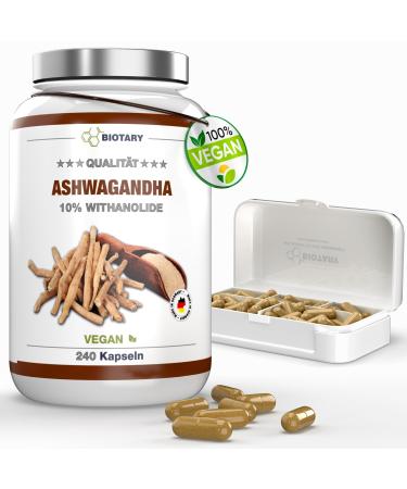 Ashwagandha Extract 240 capsules 10% withanolides including pill box 1500mg daily serving 4 months supply vegan purely vegetable no additives indian ginseng