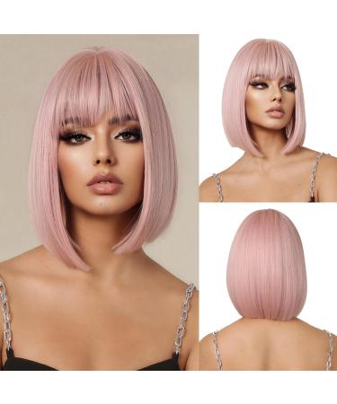OUFEI Pink Bob Wig With Bangs Short Straight Wig For Women Synthetic Hair Wigs for Daily Party Cosplay Wear Pink(1059-1)