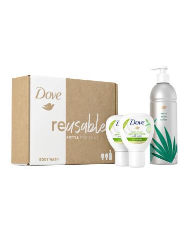 Dove Body Wash Aluminum Reusable Bottle and Concentrate Refill (2x) Starter Kit for Instantly Soft Skin Cucumber for skin care and Lasting Nourishment  3 Piece Set Cucumber 3 Piece Set
