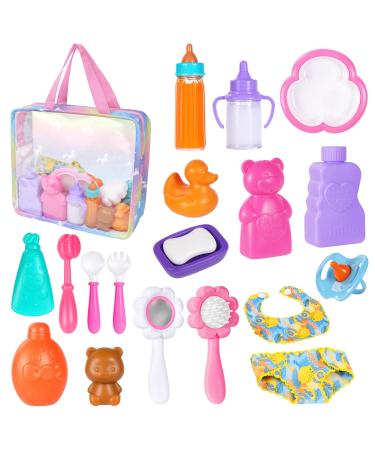 Aolso 20 Pcs Baby Doll Accessories Toy Set Include Magic Baby Doll Milk Bottle and Dummy Spoons and Forks and Dinner Plate Handbags Comb Mirrors Bib Shorts and Bathroom Accessories 20pcs