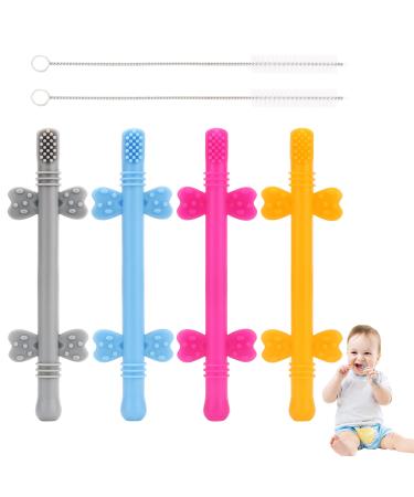 Hollow Teething Tubes with Safety Shield  Silicone Teether Toy for Babies 3-18 Months  BPA Free/Freezable Toddler Baby teether Toothbrush-Easy to Clean(Four-Color)