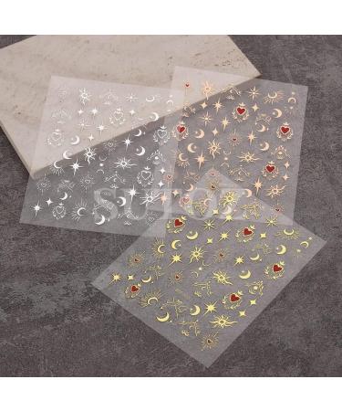 Diduikalor Sun Star Nail Stickers - 3D Self-Adhesive Heart Decals for Manicure Decor - Rose Gold Silver Design - Pack of 3 Sheets - Buy Online on GoSupps.com