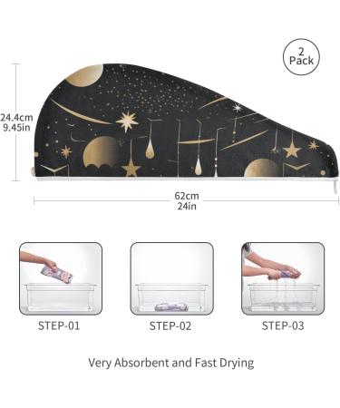 Super Absorbent Stars & Moons Black Hair Towels - Quick Dry Hair Turbans (2 Pack) | Perfect for Women & Girls - Buy Online on GoSupps.com