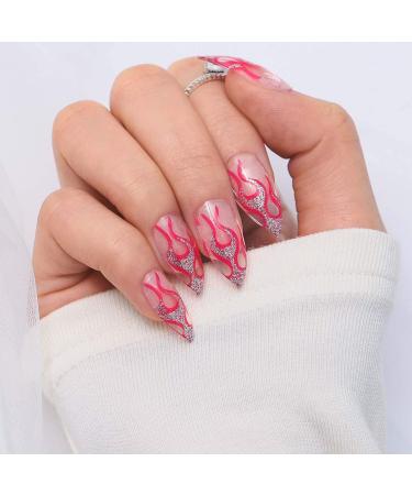 Sethexy stilett glossy wrong nail long pink fire design wrong fingernails 24st acrylic art press nail tips for women and girls rp