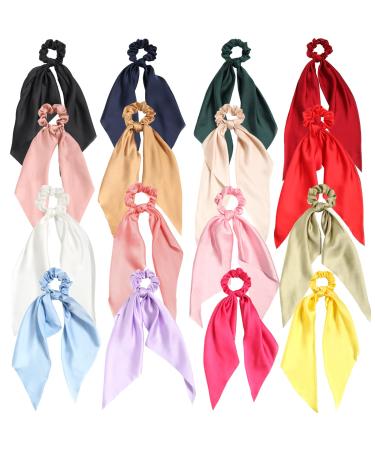 Satin Hair Scarf Scrunchies for Women Bow Hair Bobbles Elastic Hair Bands Pack of 16pcs Solid Colors