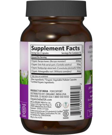 Organic India Joy! Herbal Supplement - Mood Booster, Immune Support, Memory & Concentration - Vegan & Gluten-Free - 90 Capsules - Buy Online on GoSupps.com
