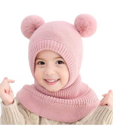 MAMUNU Kids Winter Warm Hat Scarf Warm Knitted Hood Hat with Double Pom Pom Design Earflap Beanies Caps with Fleece Lining for Toddlers Girls Boys One Size-3 Years Pink