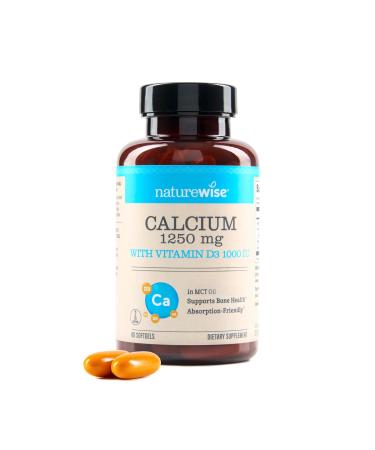 NatureWise High-Purity All-Natural Calcium 1250mg + Vitamin D3 1000IU + Organic MCT Coconut Oil - Pregnancy Safe + Non-GMO - Absorption Friendly Gluten Free - 60 Softgels 30-Day Supply Unflavored 60 Count (Pack of 1)