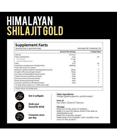 Himalayan Shilajit Gummies with Ashwagandha & Gokshura | 85+ Trace Minerals & Fulvic Acid | Organic, Non-GMO Micronutrient Supplement for Men & Women | 100% Pure & Natural 1 Bag / 60 Gummies - Buy Online on GoSupps.com