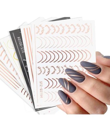 French Metallic Line Nail Art Stickers Decals 8 Sheet Self-Adhesive Rose Gold Metal Curve Stripe Design Manicure Tips Nail Decoration for Women Girls