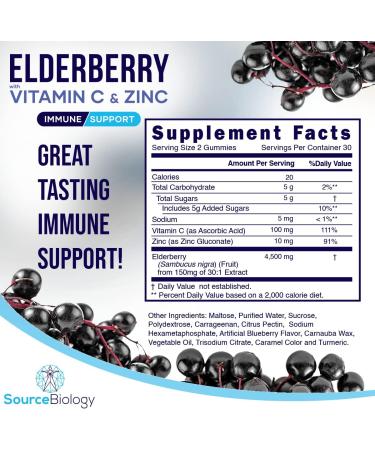 Source Biology Elderberry Gummies - Immune Support with Vitamin C and Zinc - Vegan Formula - 4500 Mg Elderberry - 60 Gummies - Buy Online on GoSupps.com