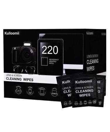 Lens Cleaning Wipes,Eyeglasses Cleaner Wipes,kulloomii 220PZ 6”x5” Pre-Moistened Individual Wrapped Lens Wipes for Glasses,Sunglasses,Tablets,Camera Lenses,Phone Screens,Electronics,Streak-Free