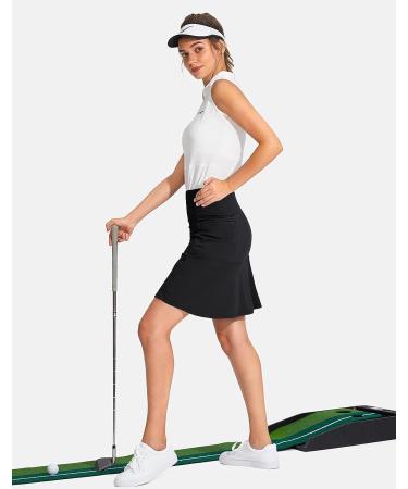SANTINY 19 Golf Skorts for Women - Zipper Pockets, Knee-Length, High Waist Athletic Tennis Skirt | Black, Large - Buy Online on GoSupps.com