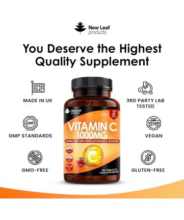 Premium 1000mg Vitamin C Tablets with Bioflavonoids & Rosehip - Vegan & Vegetarian - High Strength Ascorbic Acid - 120 Count - UK Made - Buy Online on GoSupps.com