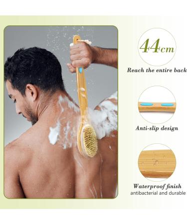 Hience Bamboo Shower Brush - Long Stem Back Scrubber with Soft & Stiff Bristles for Deep Cleaning & Peeling | Ideal Wet & Dry Bathing Brush in Light Blue - Buy Online on GoSupps.com