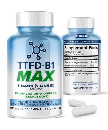TTFD Thiamine B1 Supplement 60Capsules Made in USA- Thiamine TTFD Vitamin B1 MAX High-Potency Supplement for Energy & Focus Supports Healthy Nerve Function & Overall Wellness by MaxLife Naturals 60 Count (Pack of 1)