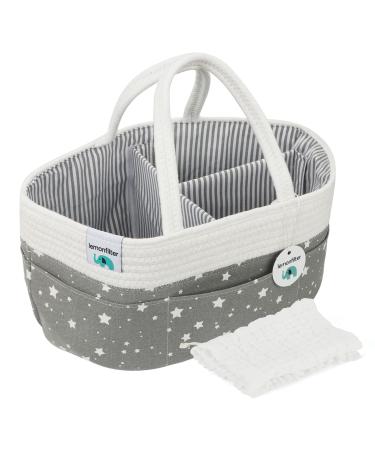 Lemonfilter Baby Diaper Caddy Organizer, Nursery Storage Bin Changing Table Organizer Basket with Muslin Burp Cloth (Star)