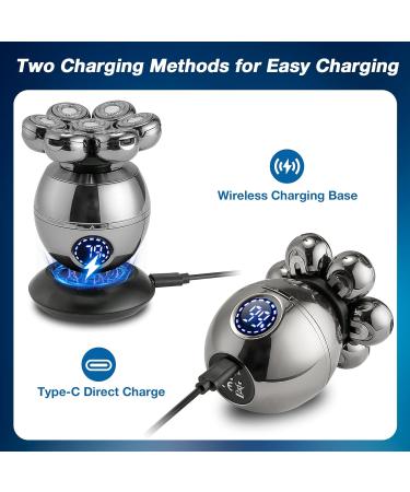 7D Electric Head Shaver for Bald Men - 6-in-1 Wet & Dry Rotary Razor for Face & Head | Men's Grooming Kit with Beard/Nose Trimmer - Wireless Charging Base | Silver - Buy Online on GoSupps.com