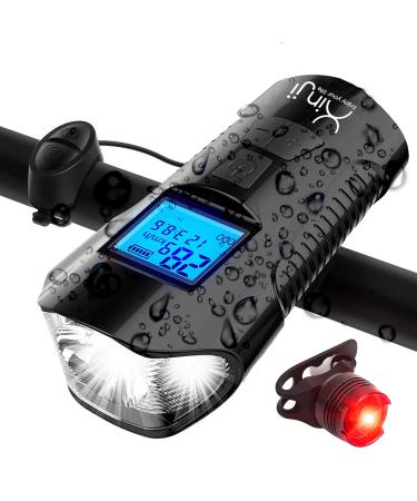 Xinji LED Bike Light Set with Bicycle Speedometer mph, USB Rechargeable Bike Computer with Loud Bike Bell, Waterproof Bike Odometer and Tail Light Black