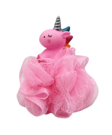 Caviotess Unicorn Bath Mesh Shower Ball Pouf Loofahs Exfoliating Bath Sponge Body Cleaner for Children Kids Pink.