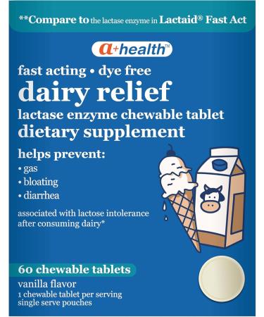 A+Health Dairy Relief Lactase Enzyme 9000 FCC Chewable Tablets 60 Count Fast Acting Dye-Free Dietary Supplement Vanilla Flavor Single Serve Pouches for Adults and Children 4 Years and Up 60 Count (Pack of 1) - Buy Online on GoSupps.com