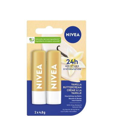 NIVEA Vanilla Buttercream Lip Balm | Made with Jojoba Oil & Shea Butter | Keeps lips moisturized for 24H | 2 x 4.8g tubes