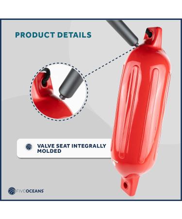 Five Oceans Boat Fenders 4 Pack - Marine Inflatable Ribbed Boat Bumpers for Docking - Includes 4 Ropes, Inflator Pump, and Needles - Ideal for Pontoon, Fishing, Bass, Sport Boats, Sailboats - 4.5 x 16 Inch Red - Buy Online on GoSupps.com