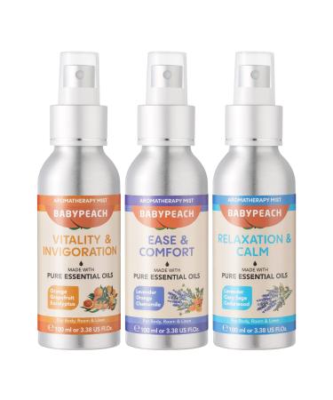 Babypeach Linen and Room Spray Aromatherapy Mist with Essential Oils for Relaxation & Calm Ease & Comfort Vitality & Invigoration 3.38 Oz Fabric Spray Pillow Spray Air Freshener (3 Pack) Favorite Pack
