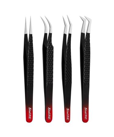 Eyelash Extension Tweezers-4 Pcs Black Diamond Grip Lash Tweezers For Eyelash Extensions-SialBE Straight And Curved L-Shape Eyelash Tweezers  Tweezers For Eyelash Extensions With Silver Tip