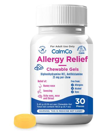 CalmCo Adult Allergy Relief with Diphenhydramine HCl 25 mg - Chewable Antihistamine for Sneezing Runny Nose & Itchy Eyes Nighttime Allergy Medicine for Ages 12+ Fantasy Fruit Flavor 30 Count