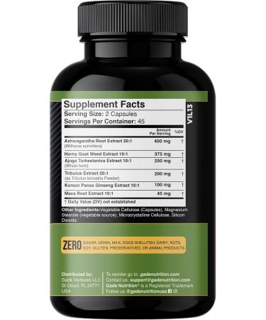 Gade Nutrition Ashwagandha with Maca Root Horny Goat Weed Turkesterone Supplement Tribulus Terrestris Panax Ginseng | 90 Vegetable Capsules for Energy Stamina Performance. | Made in USA - Buy Online on GoSupps.com