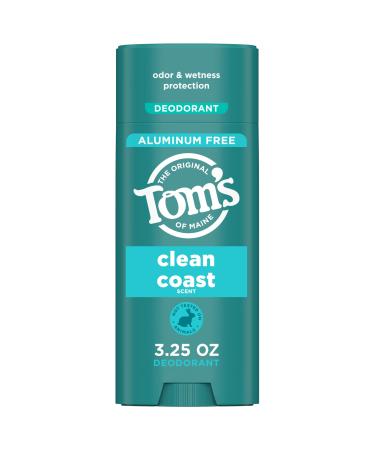 Tom s of Maine Clean Coast Aluminum Free Natural Deodorant For Women & Men | Goes on Clear | Odor & Wetness Protection | Naturally Derived and Moisture-Locking Ingredients | 3.25 oz Clean Coast 3.25 Ounce (Pack of 1)