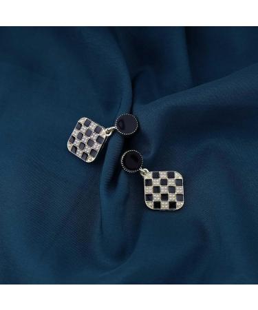 Vintage Black White Checkered Square Drop Earrings - Geometric Jewelry for Women - Stylish Black Disc Studs - Buy Online on GoSupps.com