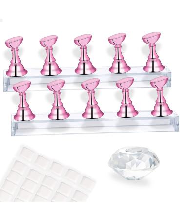 MISSELF Nail Stand for press ons fake nails Nail Holder for painting nails Practice Nail art stands with putty adhesive sticky tabs Magnetic Acrylic Extra Crystal base 2 Sets Metal Pink