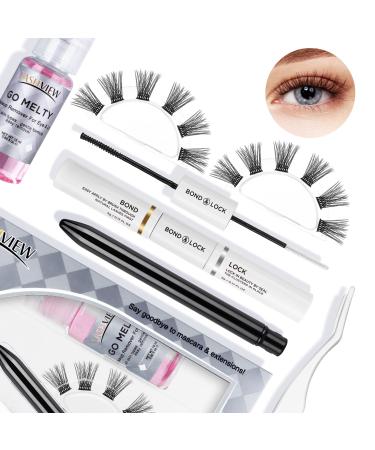 LASHVIEW DIY Eyelash Extension Kit 12 Clusters Volume Lashes Set with Applicator and Bond & Seal Eyelash Extension Remover Eye lifting 3D Effect C curl Lashes Pack 14mm-Criss Cross Volume-14mm