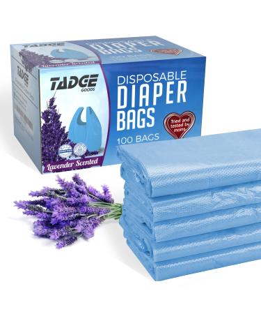 Tadge Goods Baby Disposable Diaper Bags Scented with Lavender - Odor Absorber Biodegradable Plastic Diaper Sacks for Trash Bag Essential Items - Bags for Dirty Diapers - Refill 100 Count (Blue) 100 Count (Pack of 1)