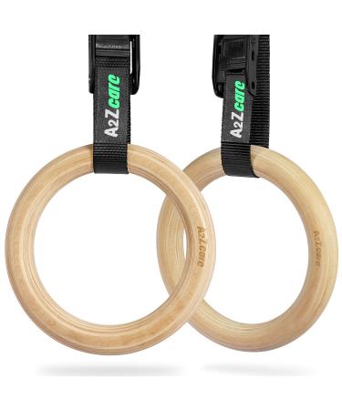 A2ZCARE Gymnastic Rings, Exercise Rings with Adjustable Buckle and Long Straps, Non-Slip Training Rings, Olympic Gym Rings for Home Gym Full Body Workout Wooden (1.25-inch ring)