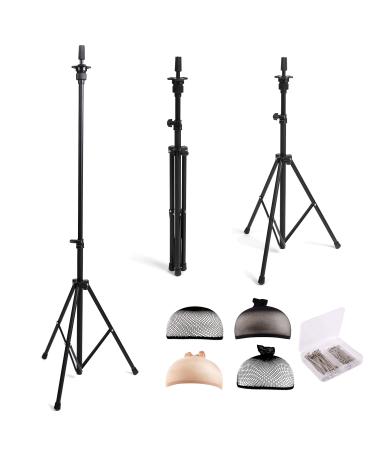 HYOUJIN Wig Head Stand Tripod Mannequin Head Stand Metal Adjustable Holder for Mannequin Head,Manikin Head,Training Head,Canvas Block Head with Wig Caps,T-Pins,Carry Bag(Black) Wig Stand