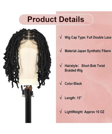 Kalyss 15 Double Lace Front Knotless Locs Braided Wig - Black Short Bob Twist Synthetic Lace Frontal with Baby Hair for Black Women - Buy Online on GoSupps.com