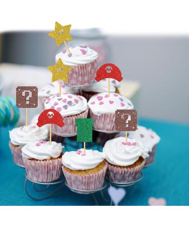 MonMon & Craft Mario Cupcake Toppers - Girls Boys Children Birthday Cupcake Toppers - Video Game Dessert Decor - Baby Shower Birthday Party Decorations Glitter - 24 Pcs - Buy Online on GoSupps.com