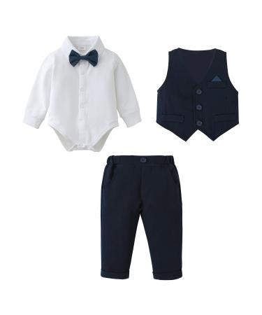 Amissz Baby Boy Clothes Outfit Suits 3-18 Months Infant Gentleman Long Sleeve Romper Jumpsuit+Pants+Bow Tie Formal Tuxedo Clothing Set for Boys 9-12 Months Dark Blue